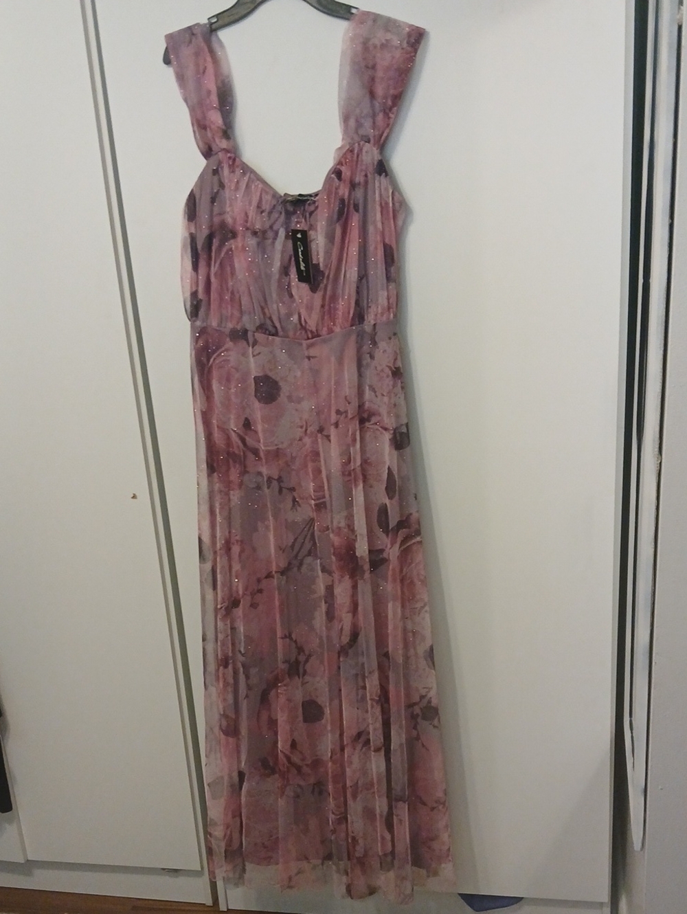 Elegant Pink Floral Maxi Dress with Sparkle